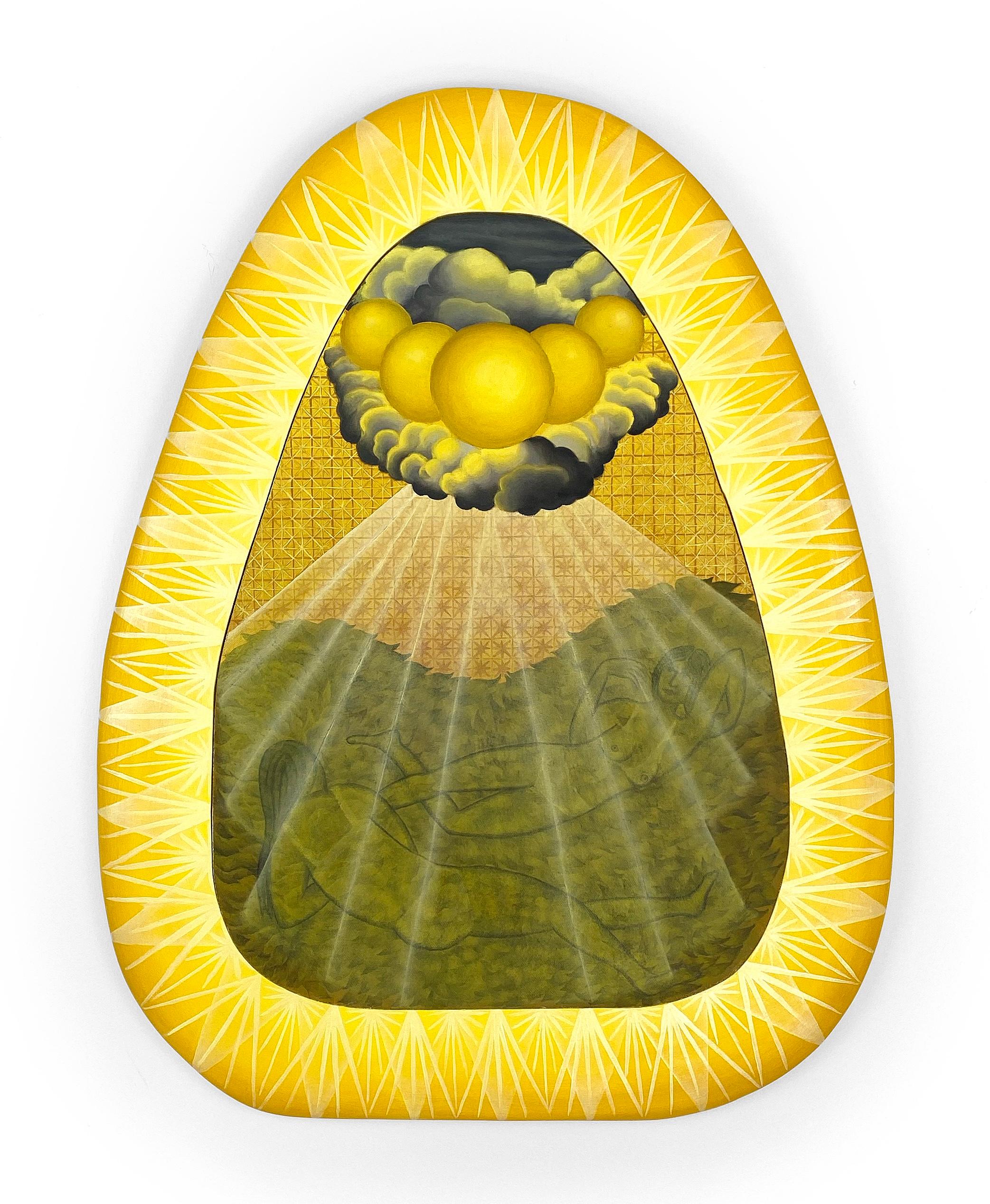 Le bagnanti del sole, figurativo, paesaggio, donne, sole, raggi gialli, collina verde