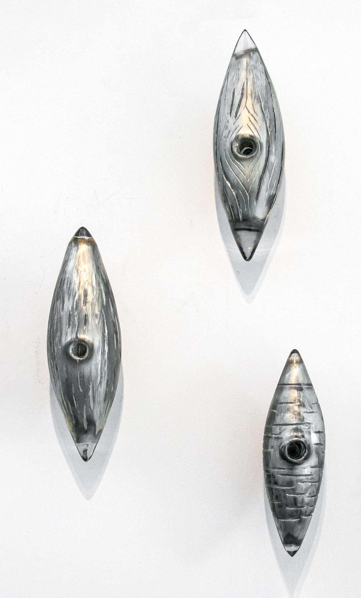 Cocoon Series Silver Woodgrain Grouping - silver painted glass wall sculpture - Sculpture by Julia Reimer