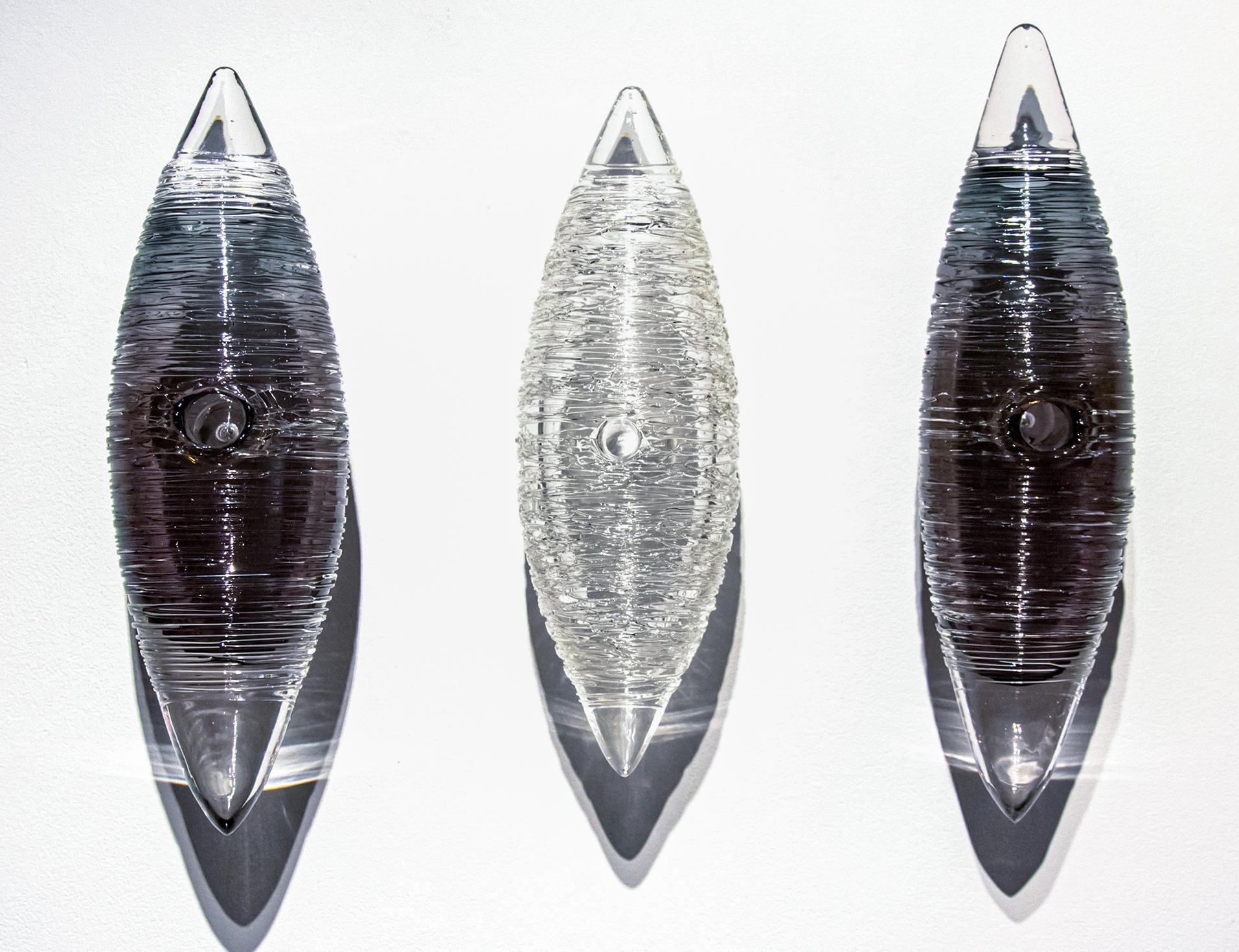 Julia Reimer Abstract Sculpture - Cocoon Series Smoky Grey and White - textured, translucent, glass wall sculpture