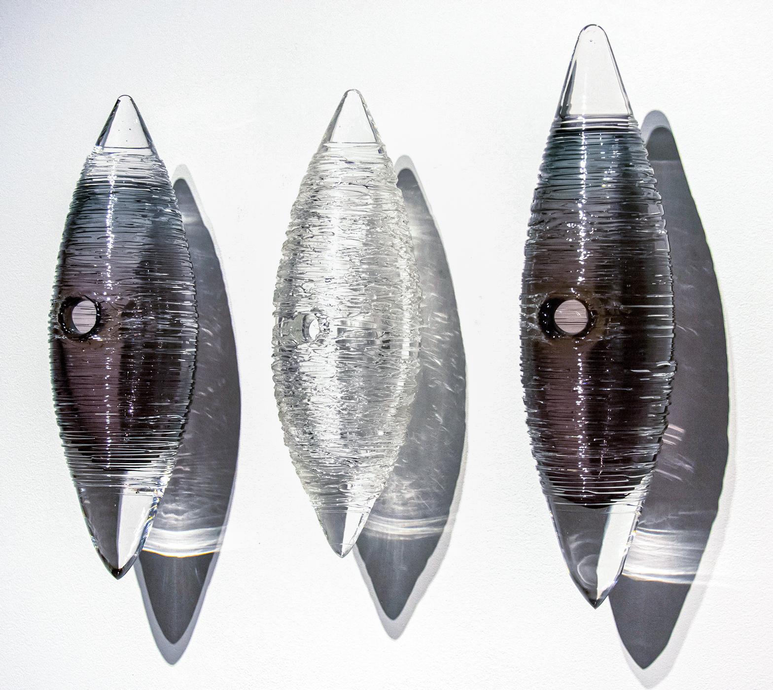 Cocoon Series Smoky Grey and White - textured, translucent, glass wall sculpture - Sculpture by Julia Reimer