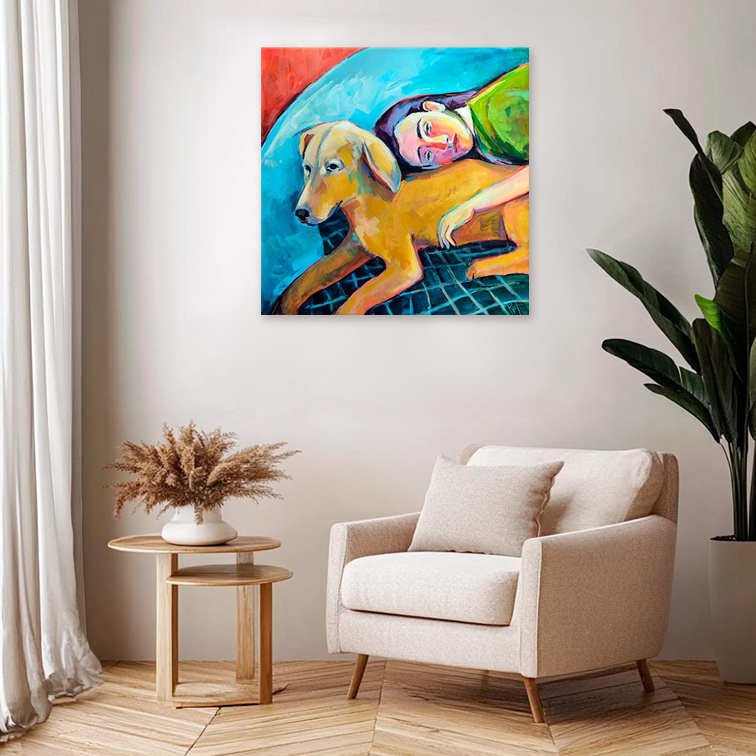 Dieses emotionsgeladene Gemälde zeigt die stille Präsenz eines geliebten Hundes an der Seite einer Frau und fängt einen Moment der Stille, des Vertrauens und der unausgesprochenen Verbindung ein.
Die Arbeit spiegelt die tiefe, treue Verbundenheit