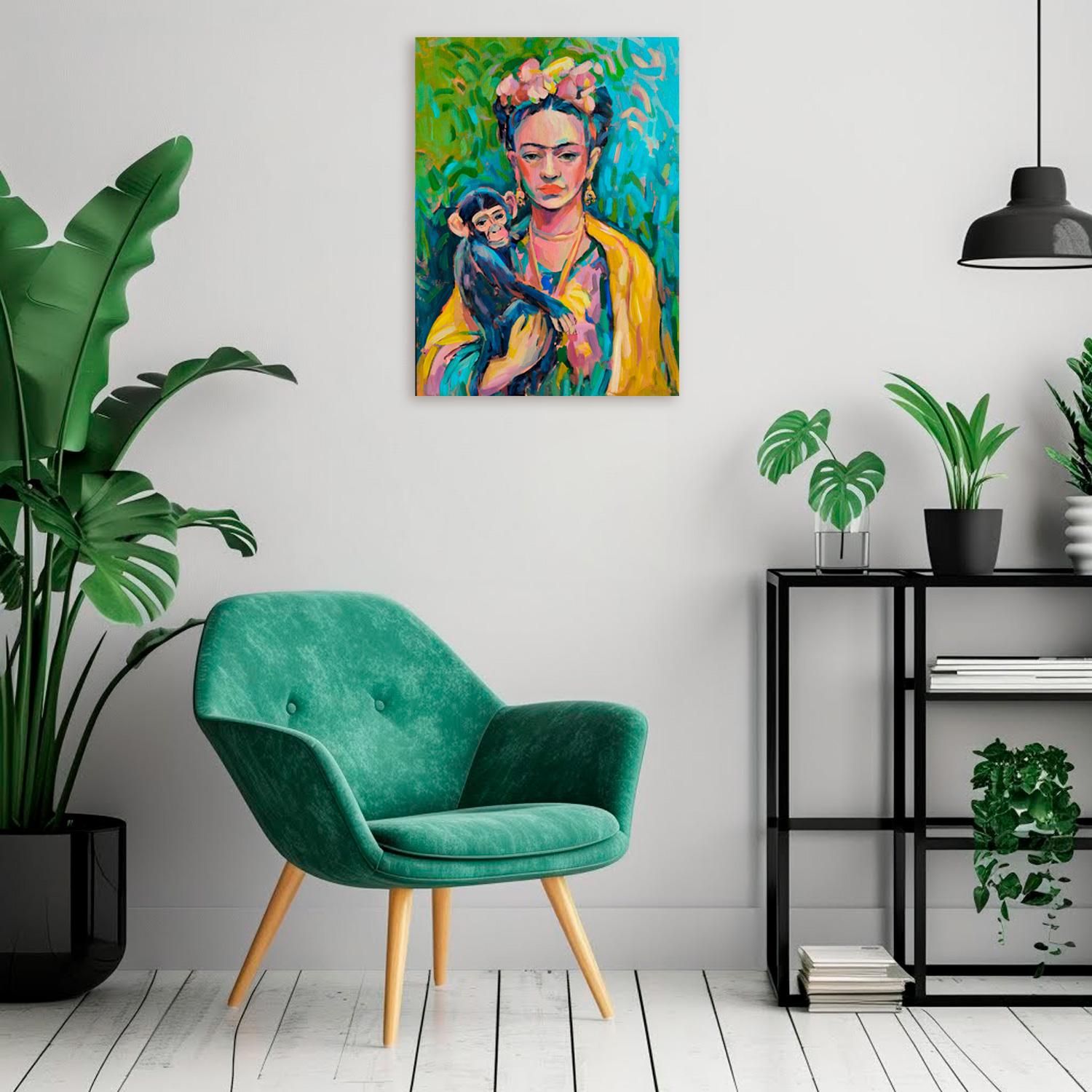 Dieses Werk stellt Frida Kahlo dar, eine Ikone der Kunstgeschichte, deren Persönlichkeit und Werk von einer tiefen emotionalen Kraft durchdrungen sind. Das Gemälde kombiniert leuchtende Farben und ausdrucksstarke Pinselstriche, die Fridas innere
