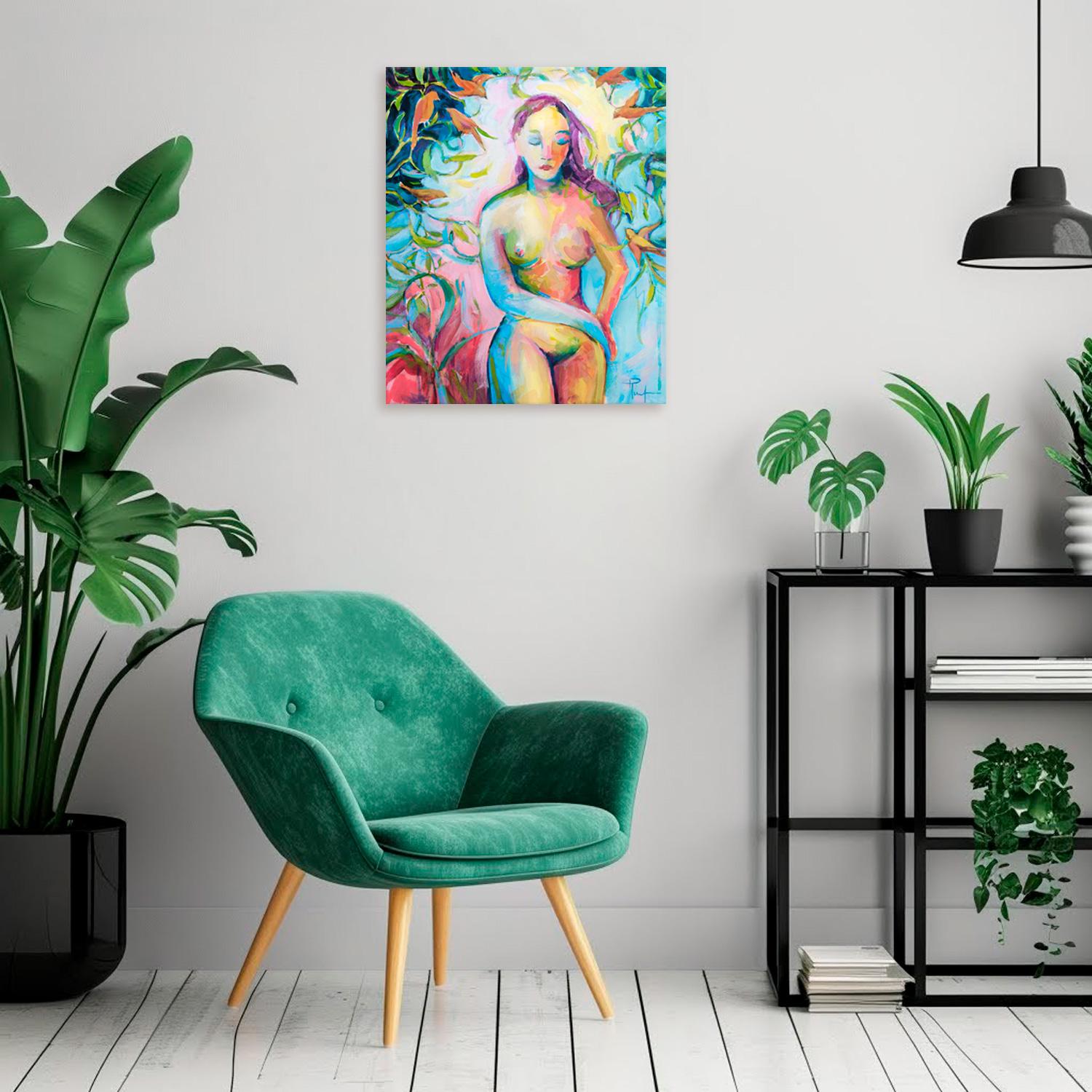 A contemporary portrait of a young woman, captured in a moment of silence and inner reflection.
This painting speaks of trust in oneself - a quiet inner space where there are no clear answers, but there is a sky full of motion, sensations, and