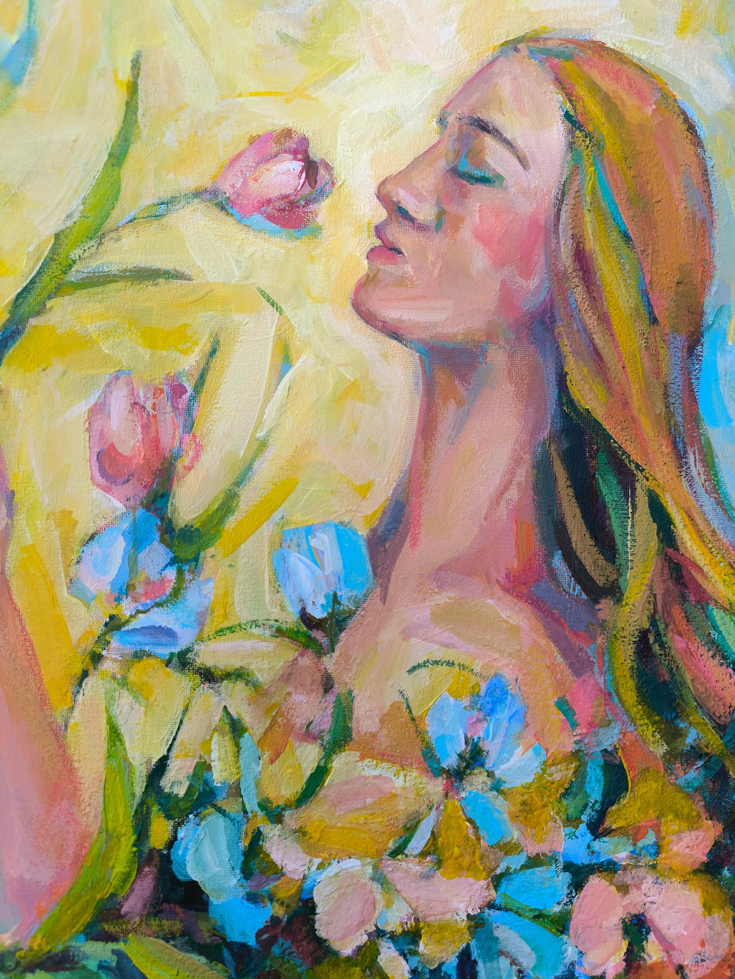 Gemälde einer Frau mit Blumen (Braun), Figurative Painting, von Julia Ruf