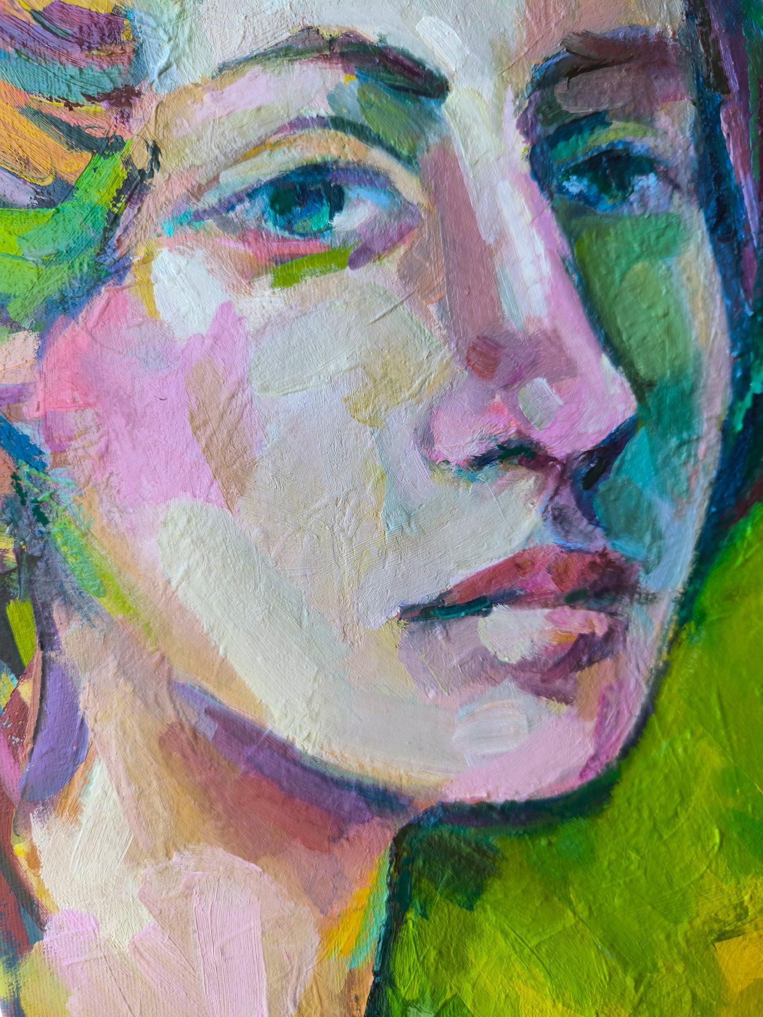 A portrait of a woman who holds your gaze with quiet intensity. Her eyes suggest a secret knowledge, something unspoken yet deeply felt. Through bold color contrasts, abstract forms, and visible brush textures, the painting captures a moment of
