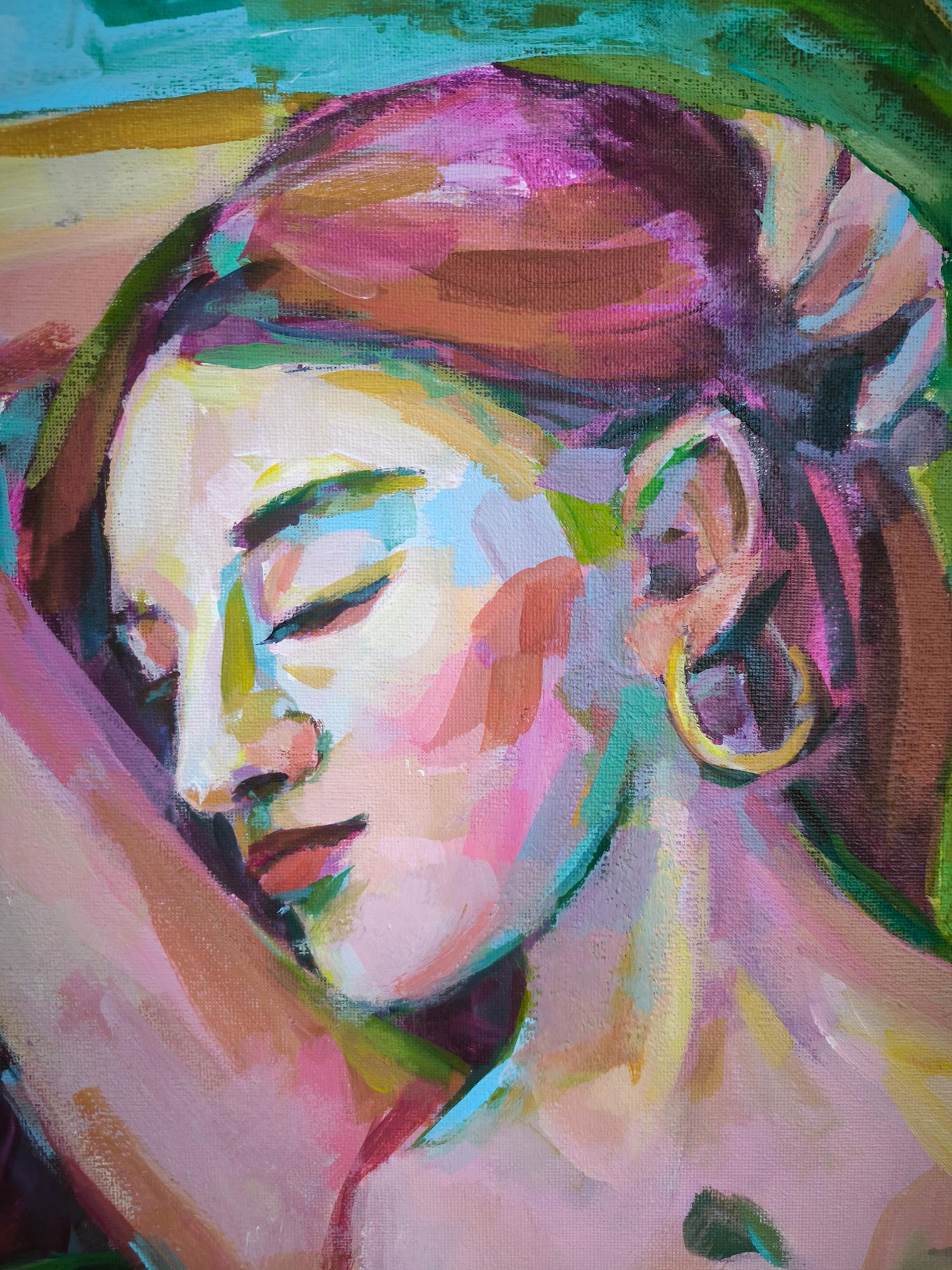 Questo dipinto incarna l'armonia tra la Nature e il mondo interiore di una persona. La donna sembra dissolversi in un vortice di morbide sfumature di verde, rosa e blu. La sua posa irradia leggerezza e grazia, mentre i fiori che la circondano