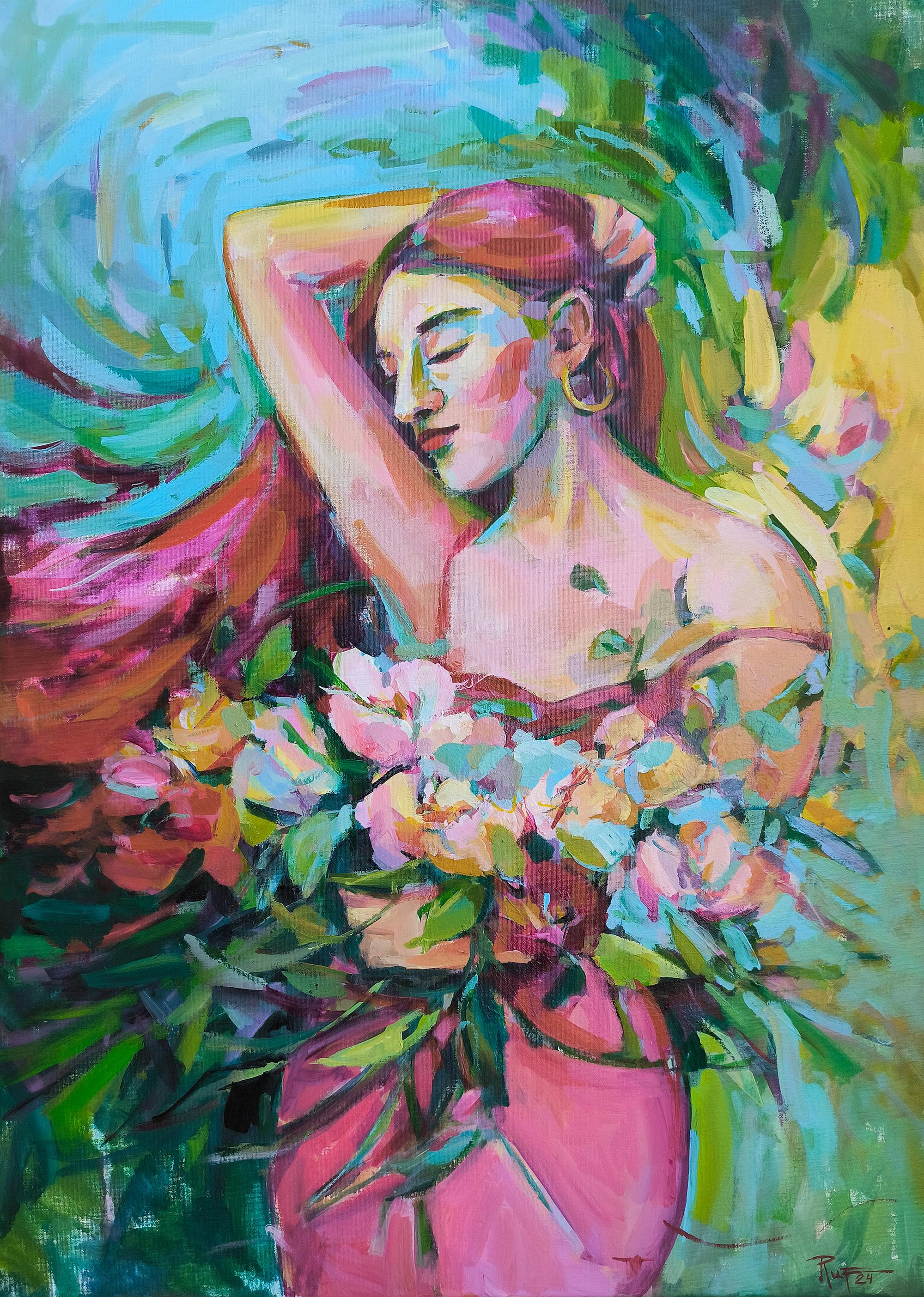 Figurative Painting di Julia Ruf - ritratto di donna "Il giardino del suo cuore