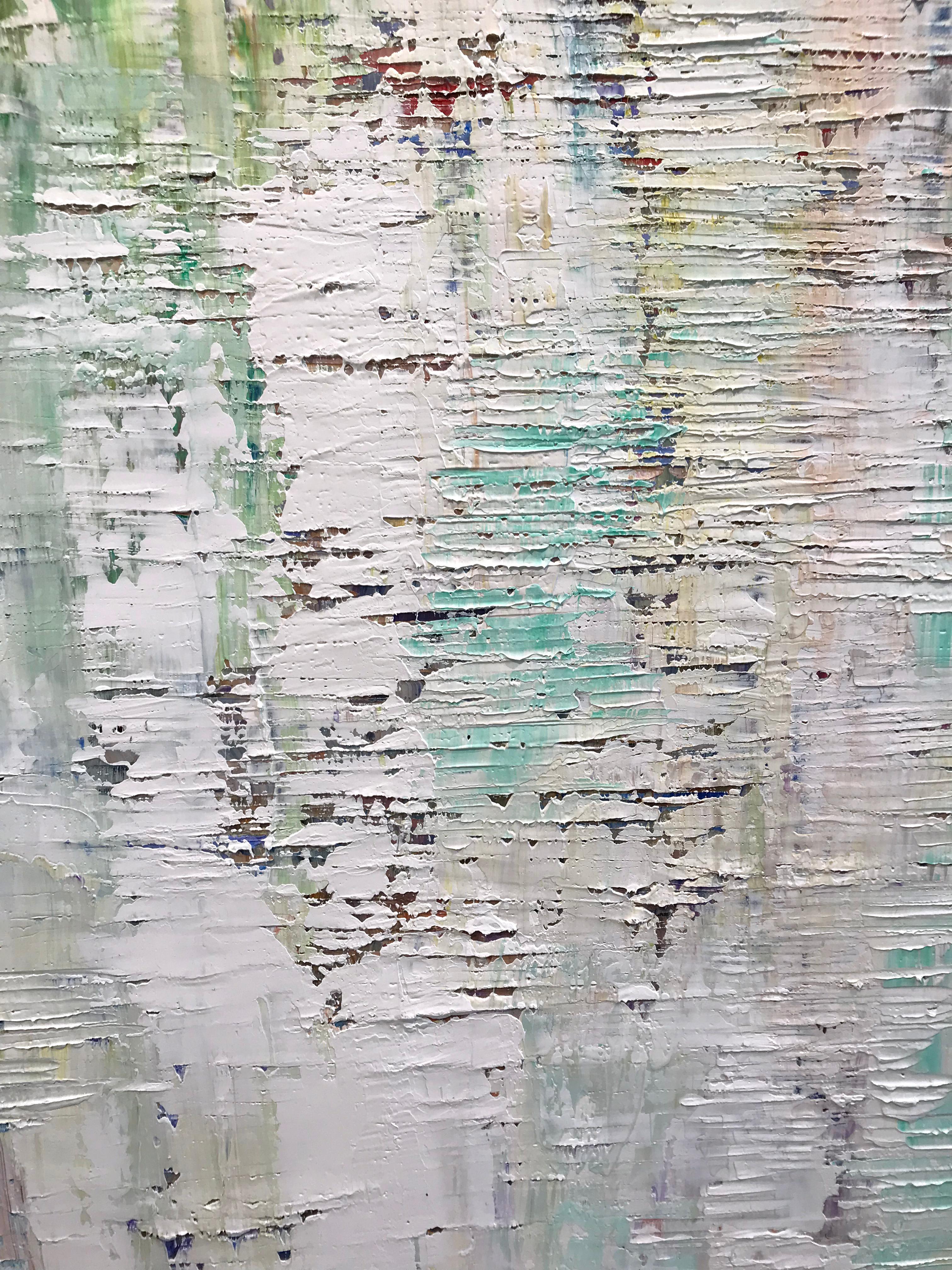 After the Rain is a contemporary abstract oil painting by artist Julia S. Powell. In this painting, bright shades of blue, aqua, pink, green, and navy are masked by a layer of white paint. Powell uses horizontal brush strokes throughout the piece to