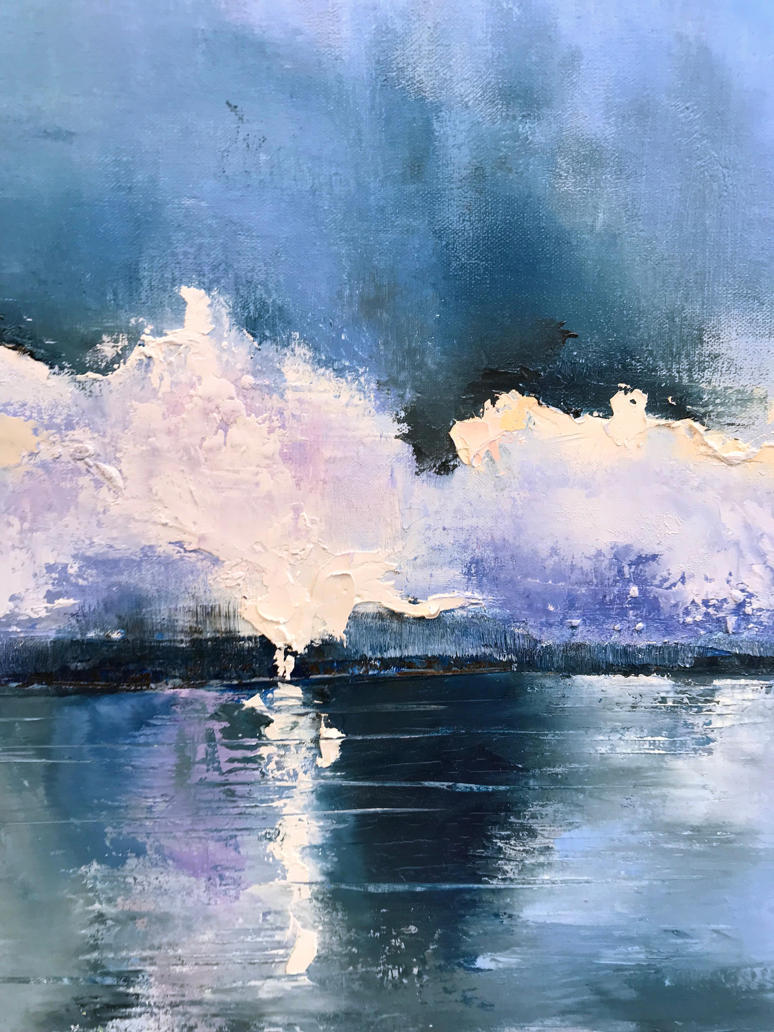 Wave is a contemporary abstract oil painting by artist Julia S. Powell. This painting is dominated by a palette of blues, encompassing everything from navy to periwinkle. Capping the wave is a mixture of white, yellow, and shades of purple. The