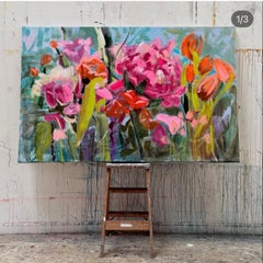 Fleurs - Peinture florale contemporaine colorée sur toile
