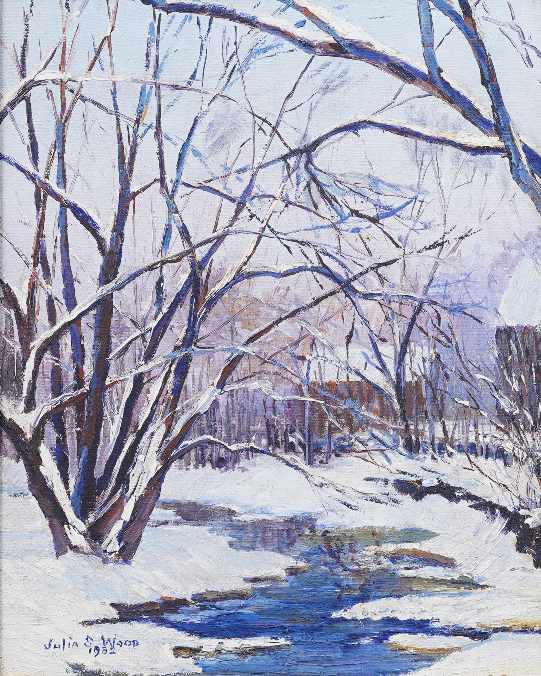 Peinture à l'huile impressionniste américaine ancienne, signée Giltwood, encadrée - Impressionnisme Painting par Julia Smith Wood 