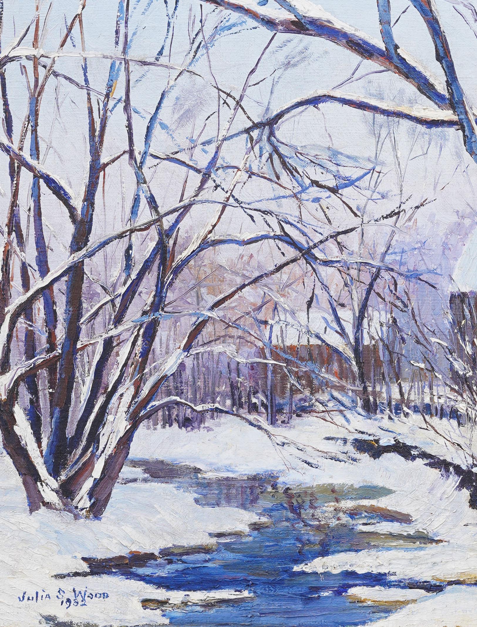 Peinture à l'huile impressionniste américaine ancienne, signée Giltwood, encadrée - Marron Landscape Painting par Julia Smith Wood 