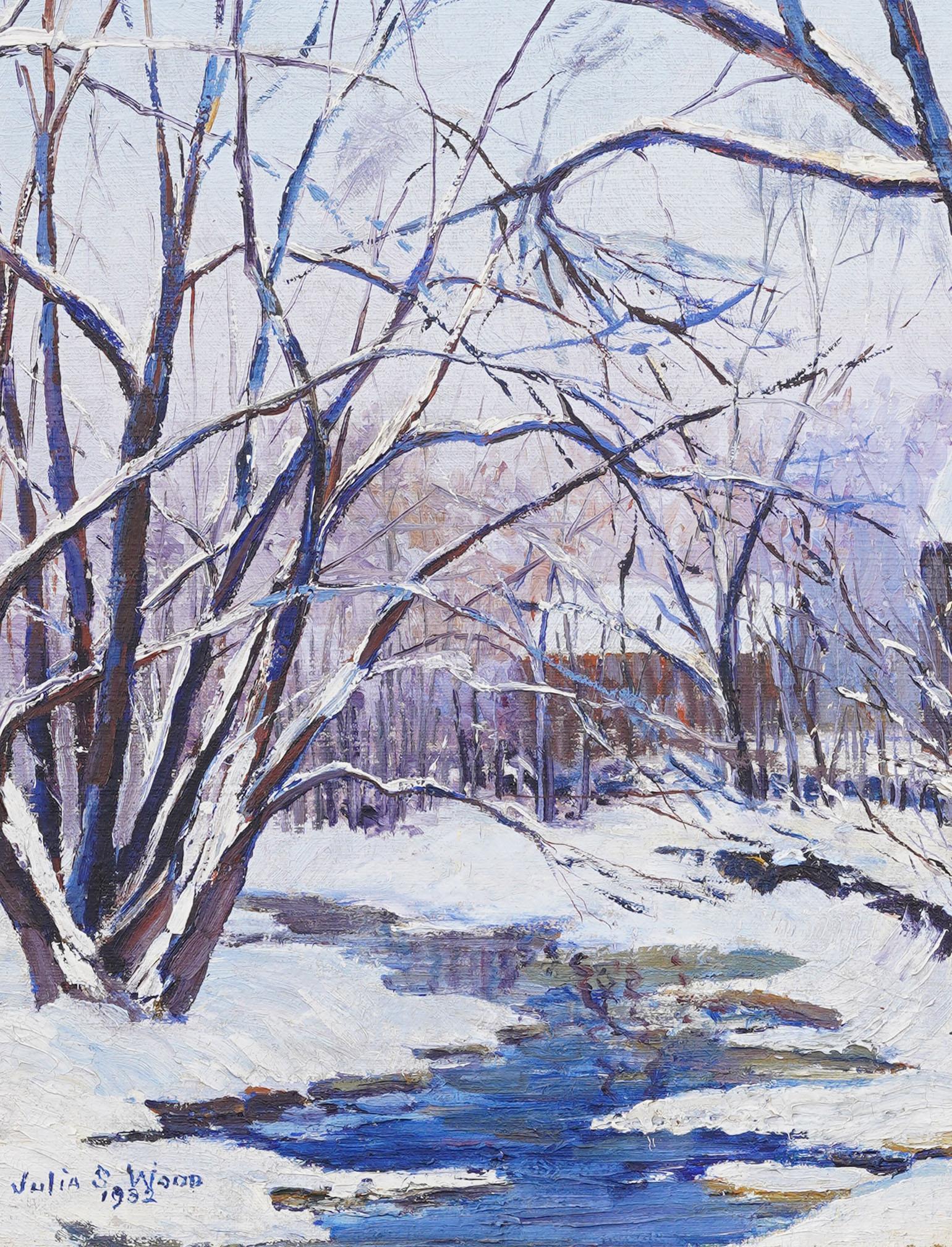 Impressionniste américain ancien, hiver  peinture à l'huile d'un paysage. Huile sur planche. Encadré. Signé.  Dimensions : 25 par 21 pouces sur l'ensemble, et 16 par 13 pour la peinture seule. Joliment encadré par une large moulure en bois doré. 