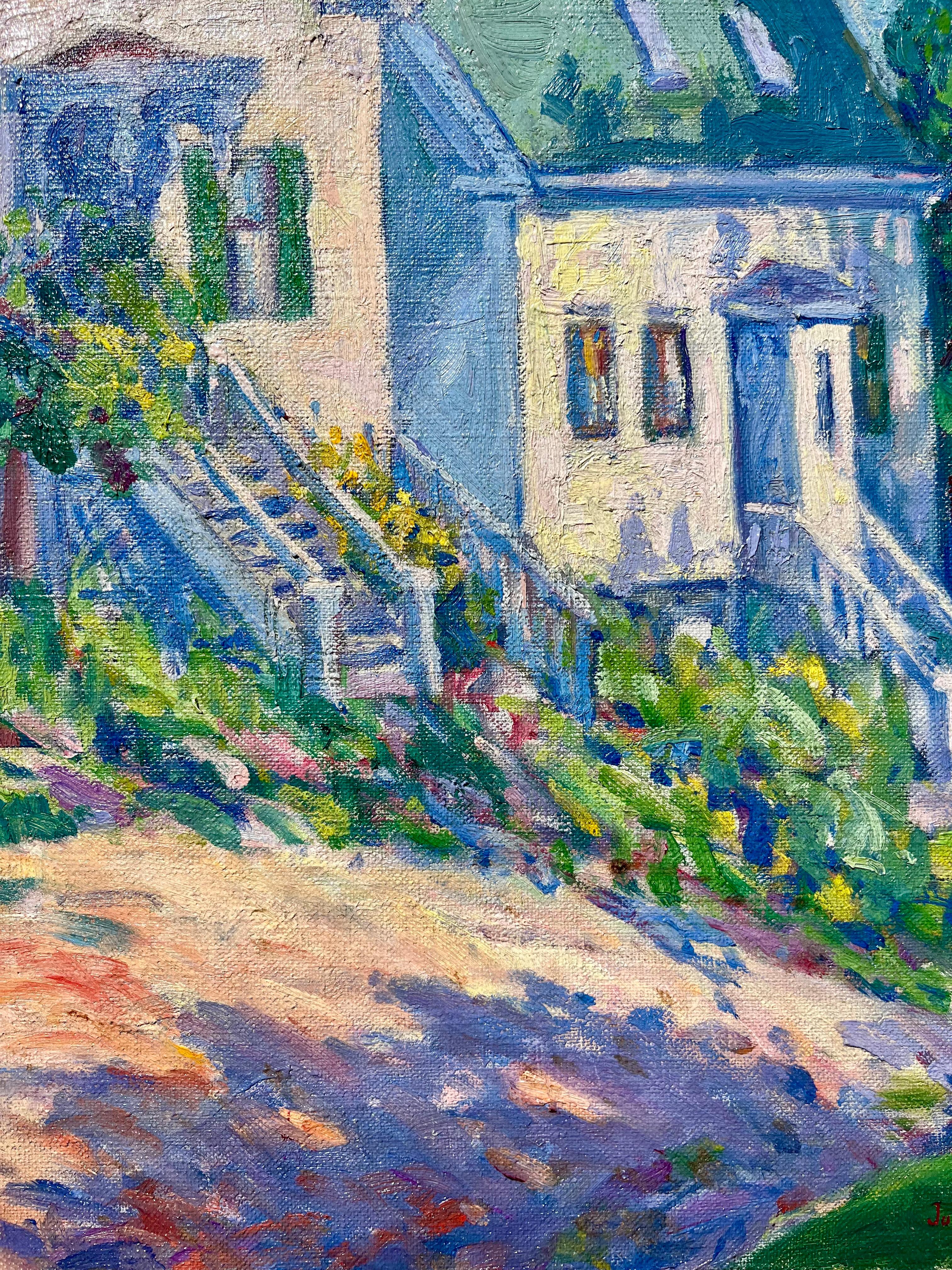 Escena doméstica primaveral impresionista al óleo - Landscape Painting Gris de Julia Sulzer Griffith