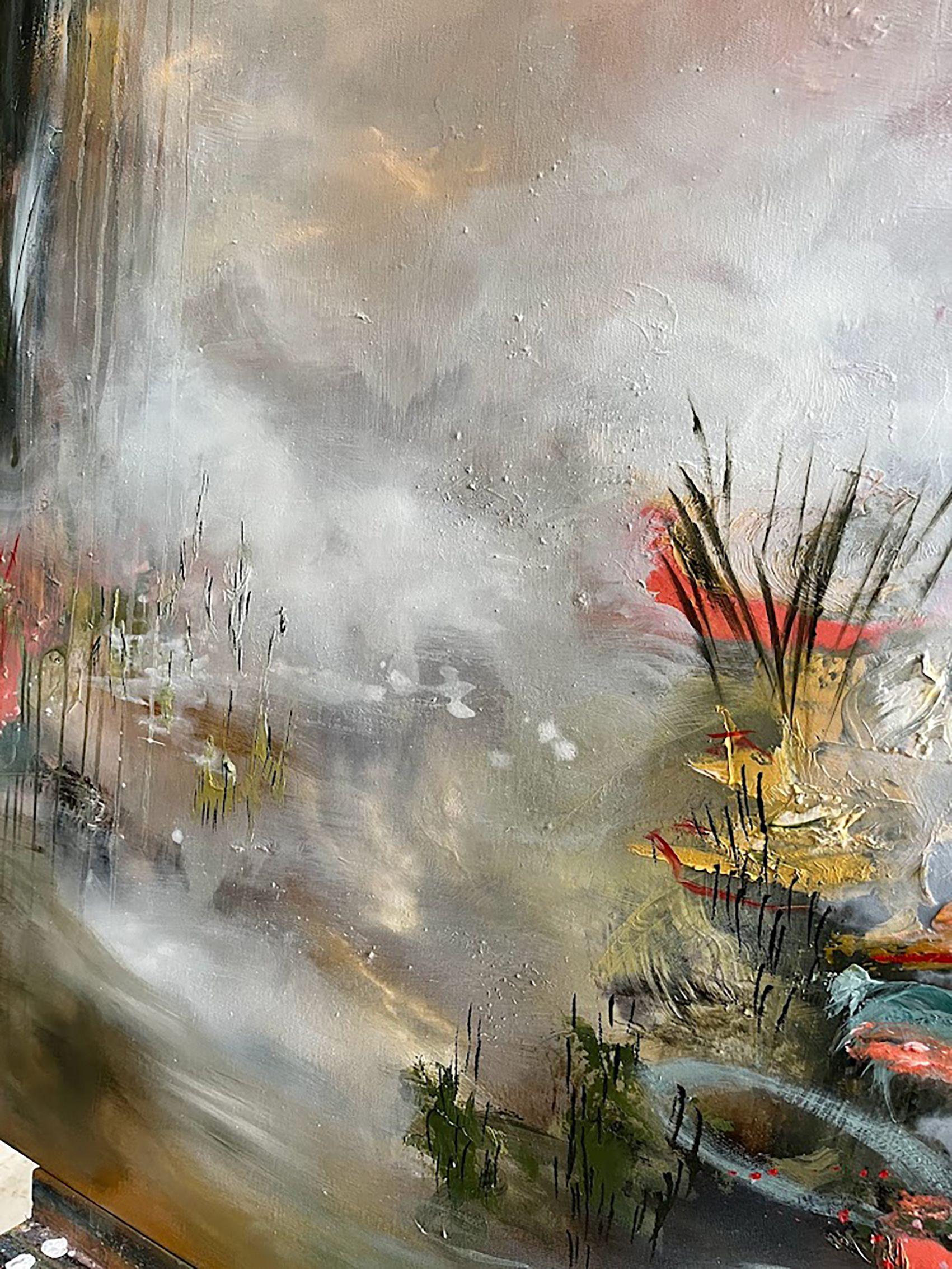 Grande dipinto impressionistico, espressivo e gestuale che raffigura erbe alte e fiori che crescono sul bordo di acque in movimento.  Quadro simbolico sull'emergere della gioia e della fioritura di sé. :: Pittura :: Rustico :: Questo pezzo viene