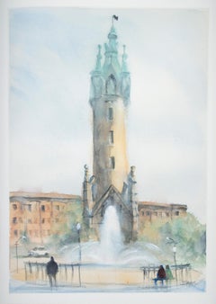 Contemporary landscape watercolor building scene with figures fountain signed