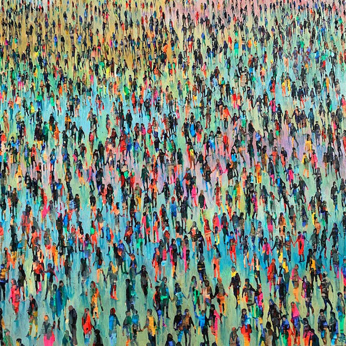 Julia Whitehead Figurative Painting - All the Colours - Figurative Crowd Scene: Figurative Oil Painting on Canvas