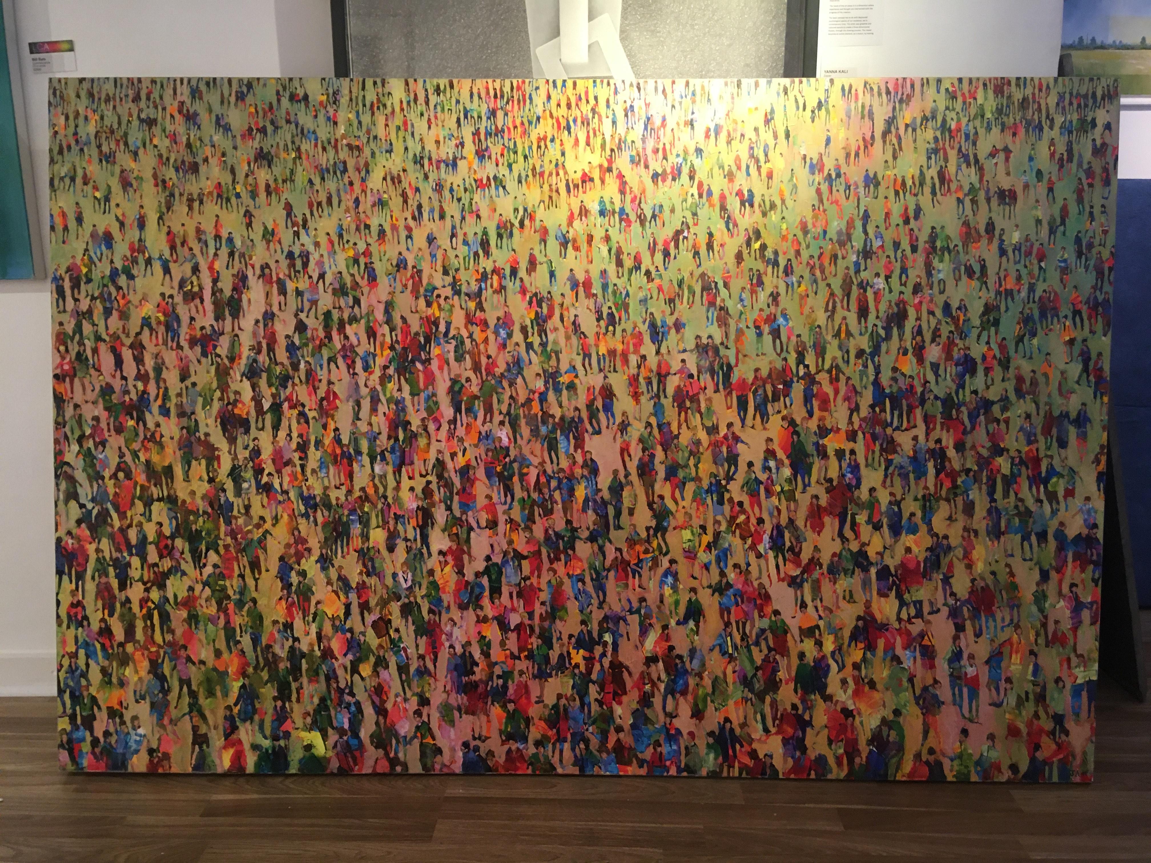 Big World - contemporary landscape colourful crowd people oil canvas - Painting by Julia Whitehead