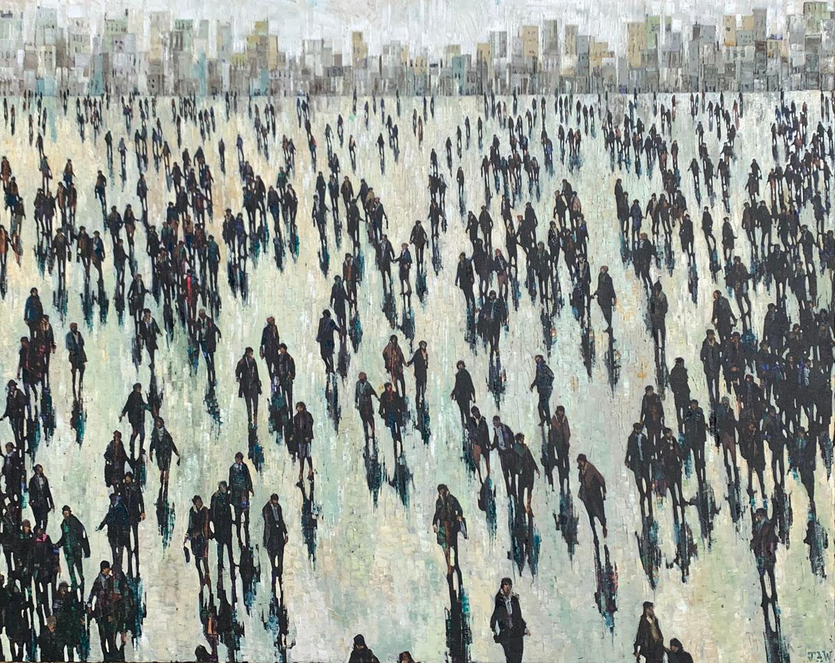 Julia Whitehead Figurative Painting - Black Suit - Crowds City oil Painting Street Views Cityscapes People Figures 