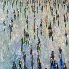 Blue - contemporary figurative landscape crowd people oil painting