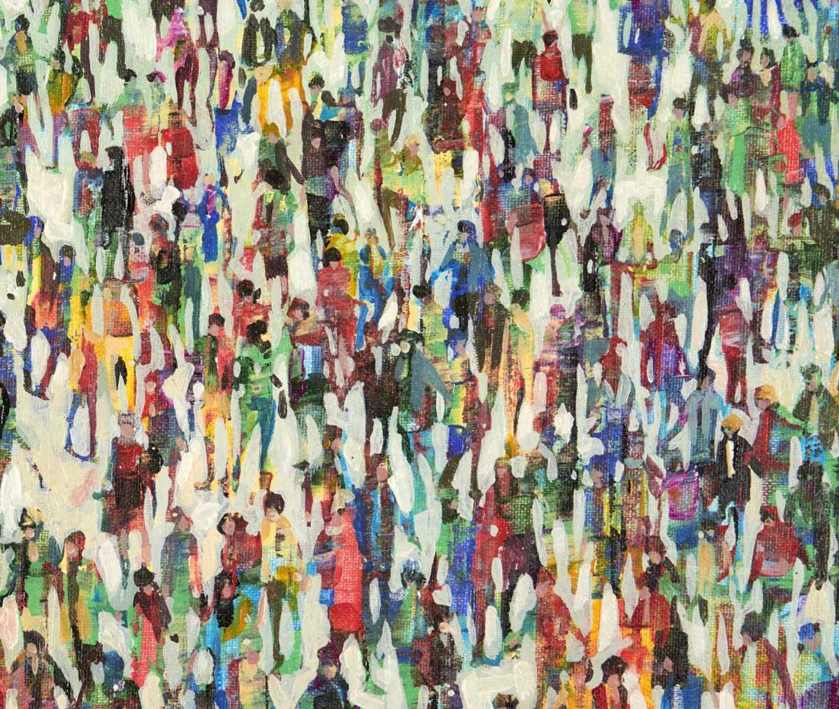 Citizens in Colour - Crowds City Oil Painting Street Cityscapes People Figures  - Gray Figurative Painting by Julia Whitehead