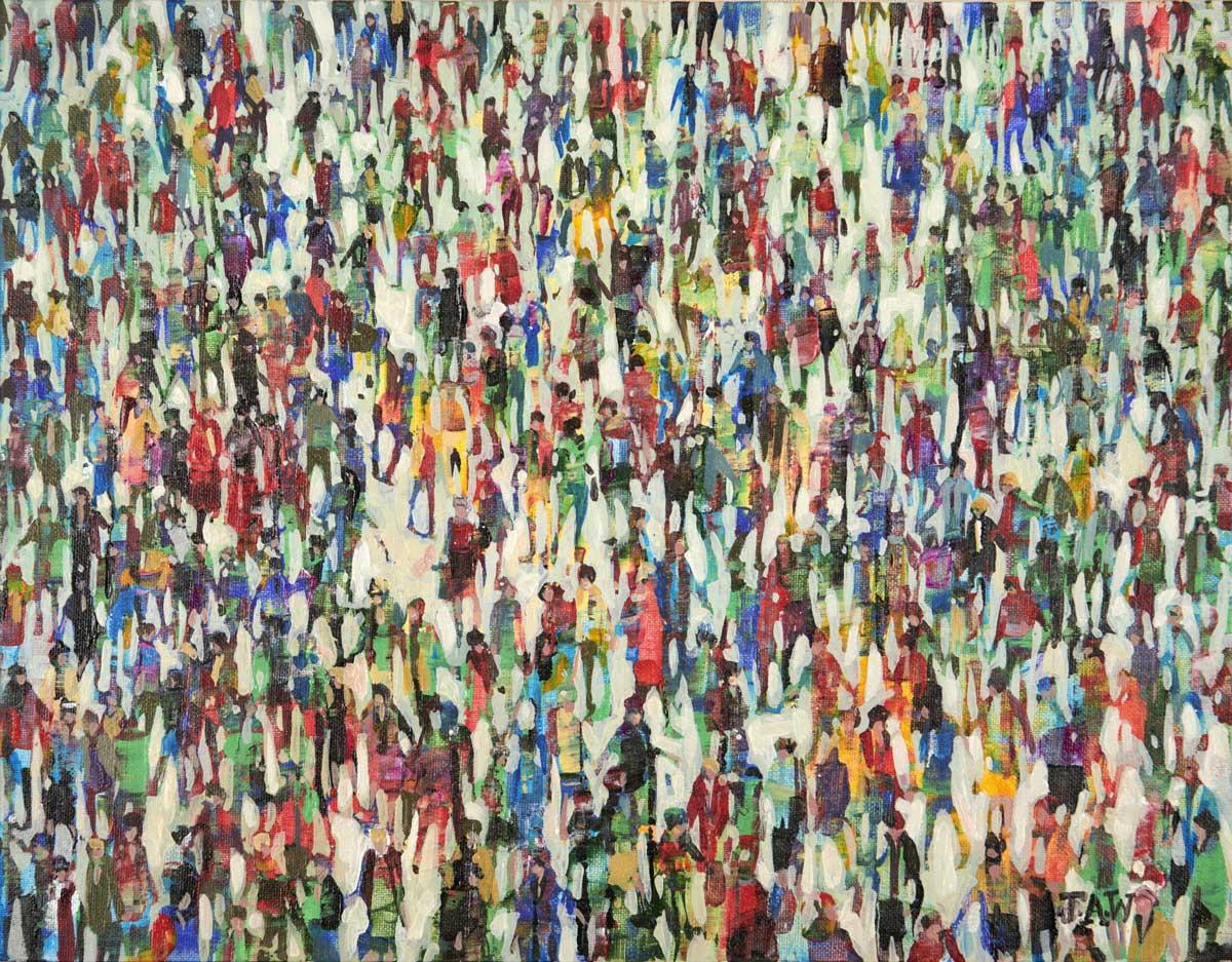 Julia Whitehead Figurative Painting - Citizens in Colour - Crowds City Oil Painting Street Cityscapes People Figures 