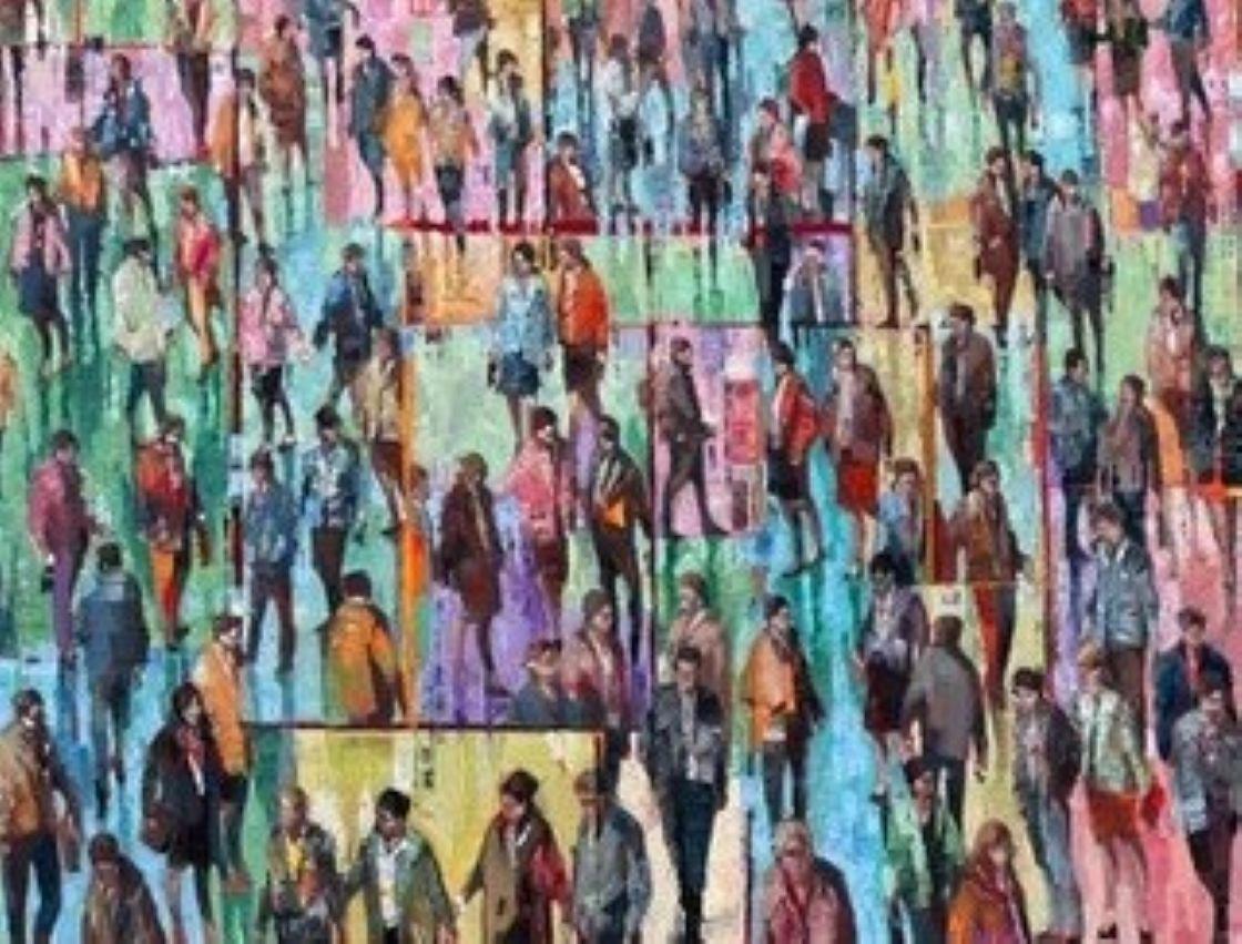 City Mini Break - Crowds City, Ölgemälde, Straßen- und Stadtansichten, Menschenfiguren  (Zeitgenössisch), Painting, von Julia Whitehead