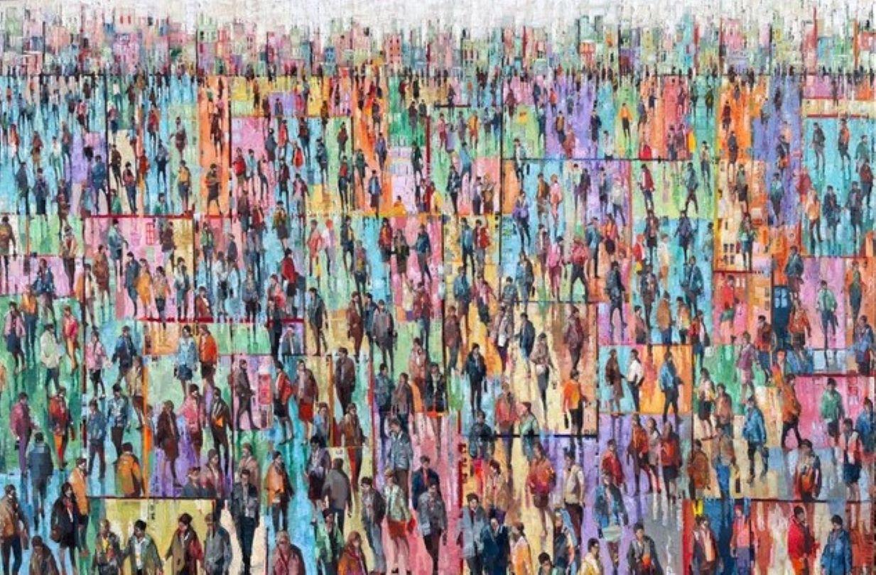 City Mini Break - Crowds City, Ölgemälde, Straßen- und Stadtansichten, Menschenfiguren  – Painting von Julia Whitehead