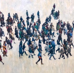 Congestion - naturalistic white figurative crowd painting oil on canvas