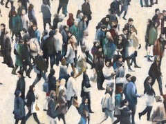 Congestion - naturalistic white figurative crowd painting oil on canvas