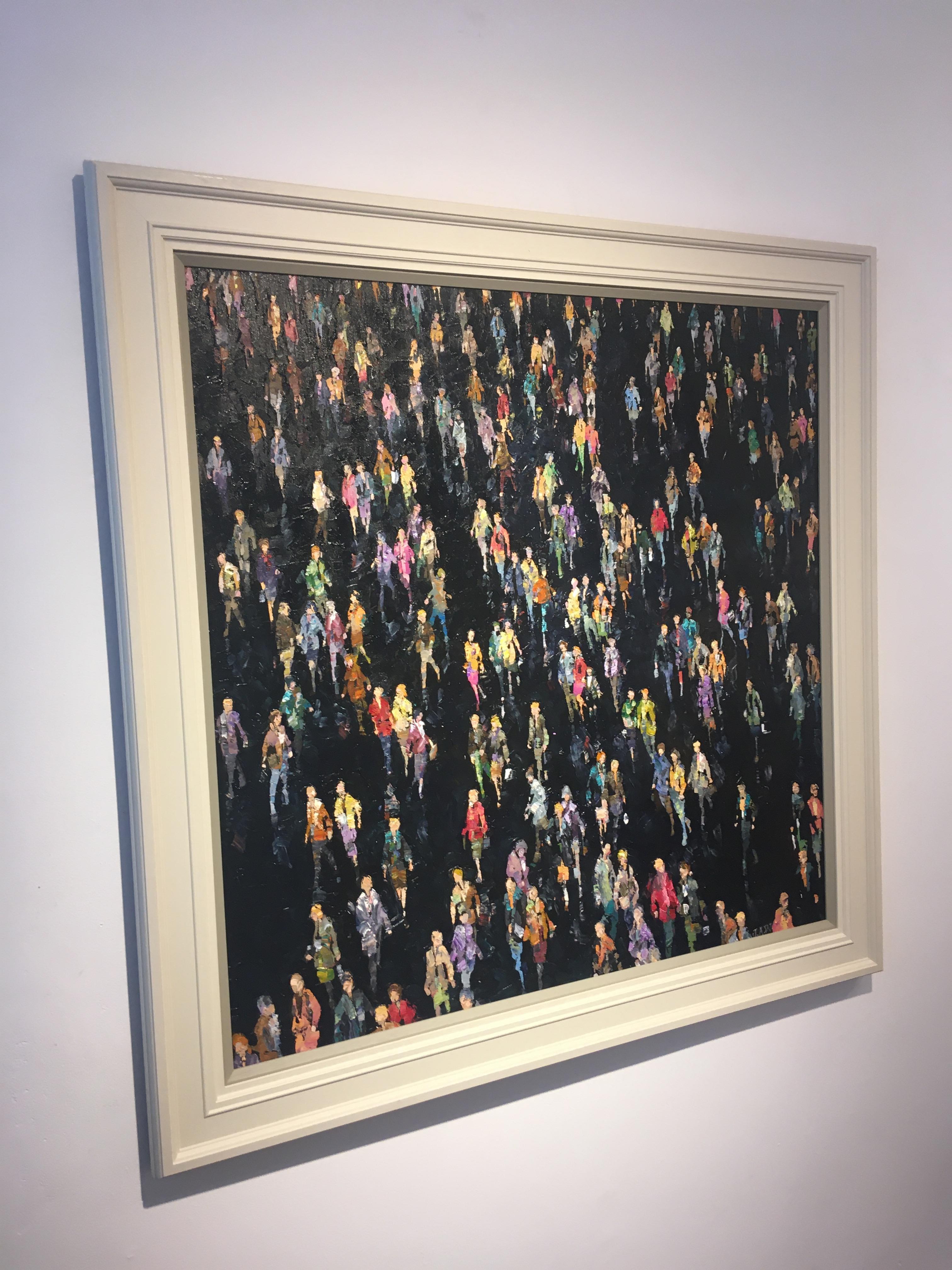 Dark Cluster - contemporary black figurative crowd oil painting framed - Contemporary Painting by Julia Whitehead