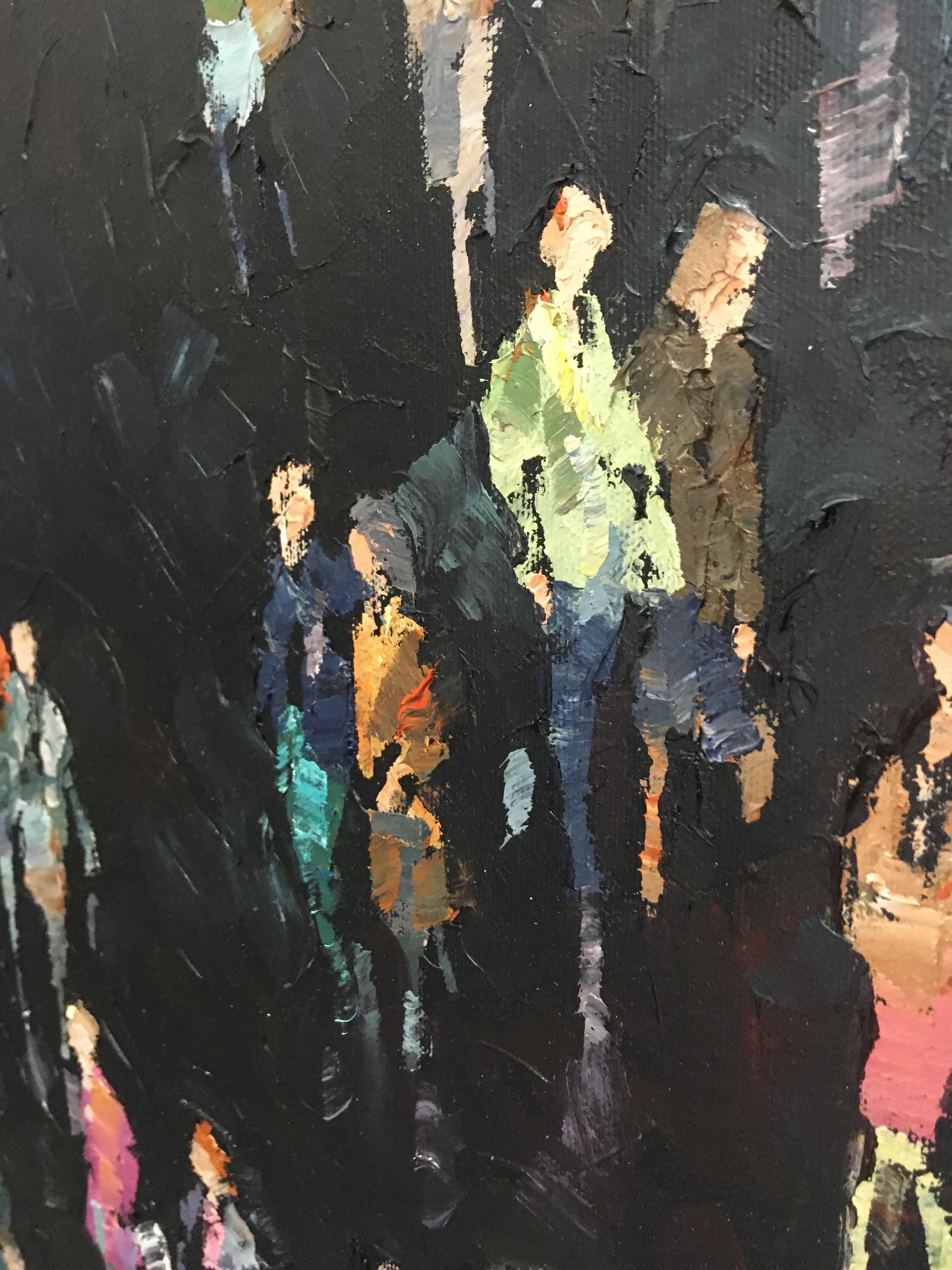 Dark Cluster - contemporary black figurative crowd oil painting framed 1