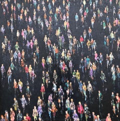 Dark Cluster - contemporary black figurative crowd oil painting framed
