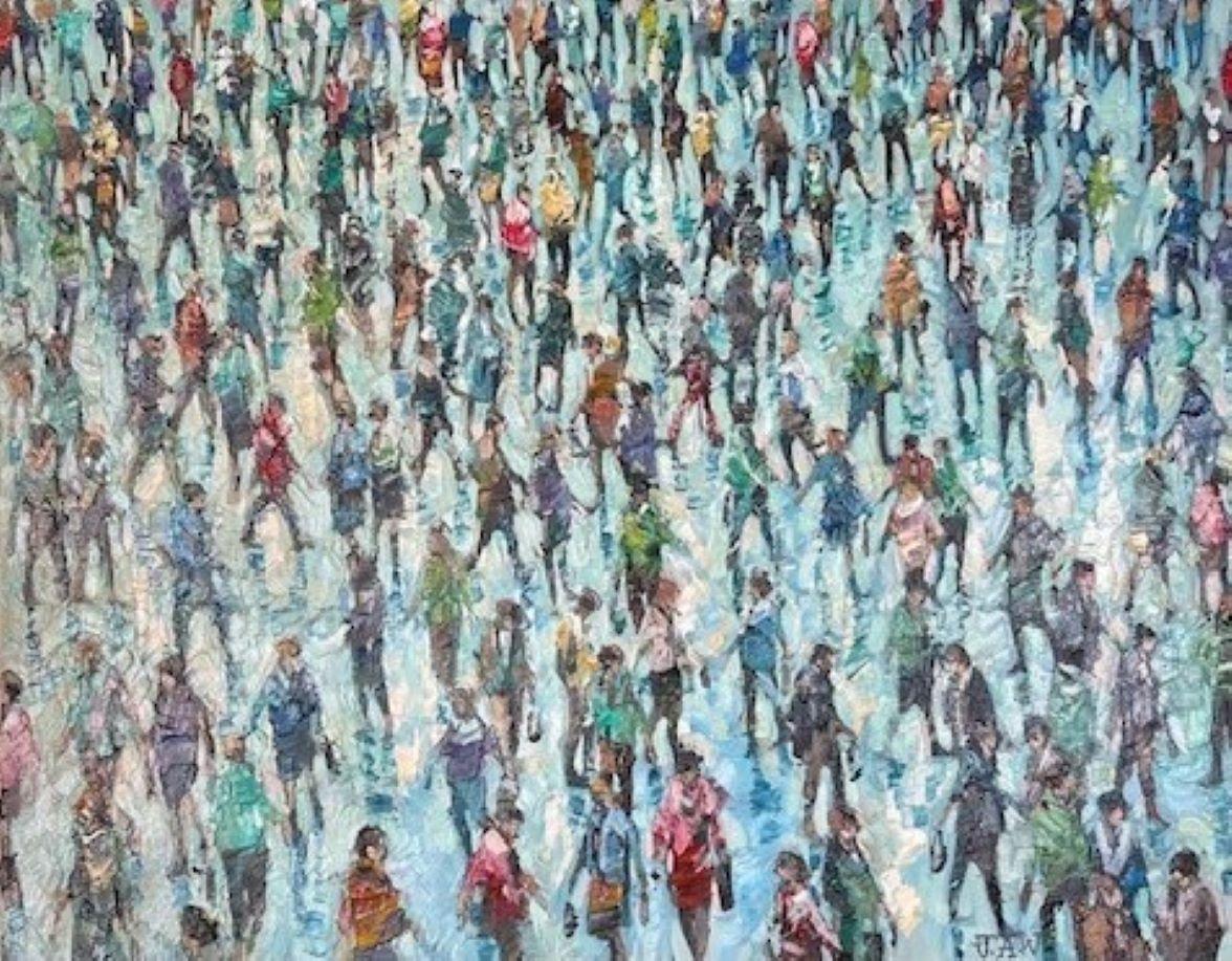 Julia Whitehead Figurative Painting – Daylight Walk - Crowds City, Ölgemälde, Straßen- und Stadtansichten, Menschenfiguren 