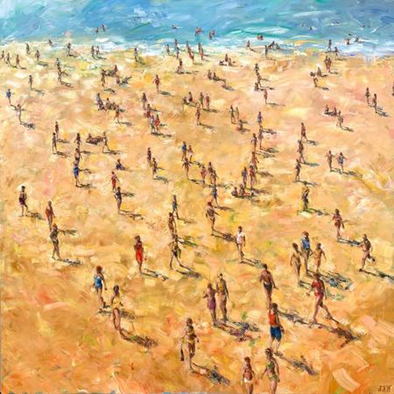 Julia Whitehead Figurative Painting - Holiday - contemporary beach landscape people oil painting