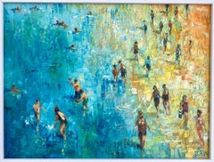 Kicking Waves - Contemporary crowds Beach Views People Figures oil painting