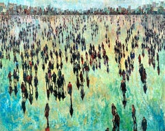 Meeting Up - Colourful, Figurative Crowd Scene: Oil Painting on Canvas