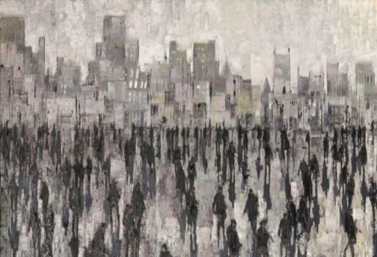 Nine to Five - Crowds City Oil Painting Street Cityscapes People Figures  For Sale 3