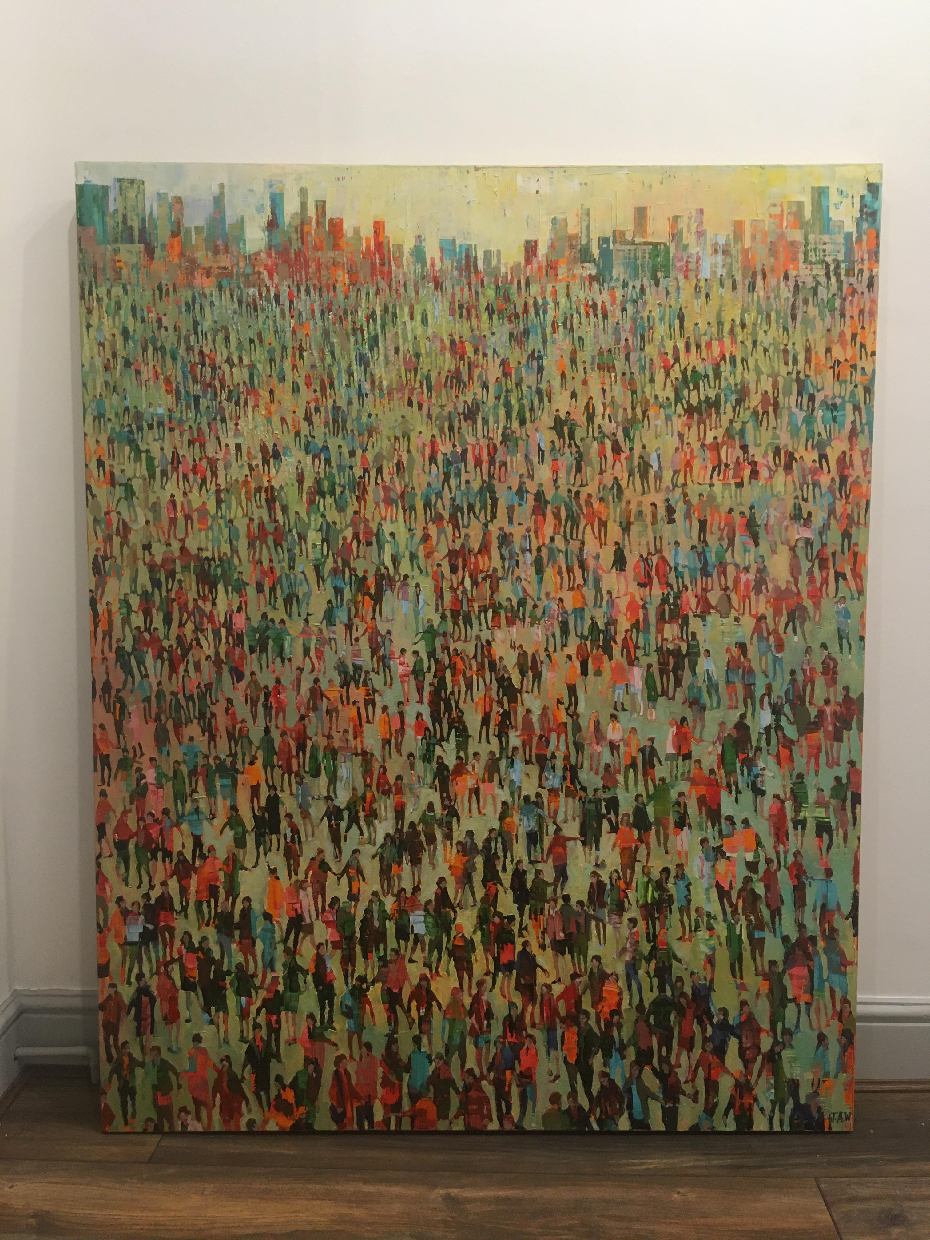 Open Society - contemporary figurative crowd people landscape oil painting - Painting by Julia Whitehead