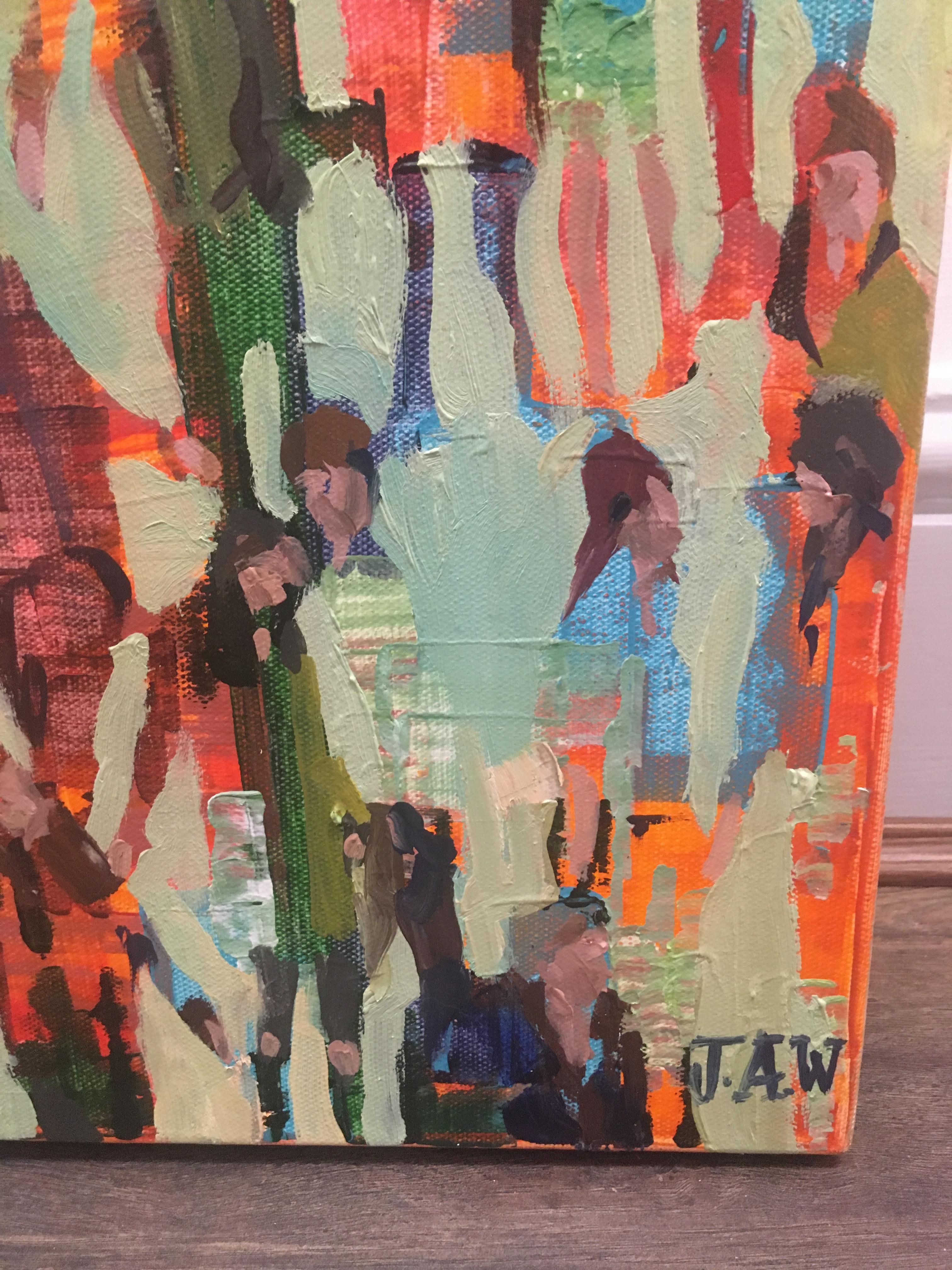 Open Society - contemporary figurative crowd people landscape oil painting - Brown Figurative Painting by Julia Whitehead