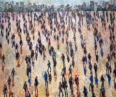 Riflesso a pastello - Scena contemporanea e figurativa di folla: Pittura a olio su tela
