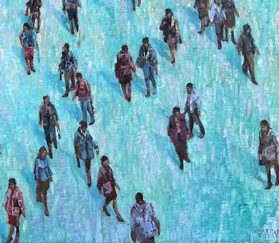 Lugares a los que ir - Multitudes Ciudad Pintura al óleo Calle Paisajes urbanos Gente Figuras - Painting Contemporáneo de Julia Whitehead