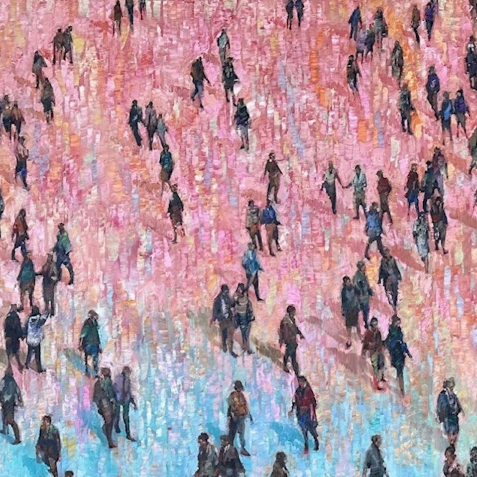 El estudio de las multitudes humanas y de las figuras en movimiento es el tema principal de los cuadros de Julia. Utilizando diversos materiales fotográficos de referencia y su propia imaginación, Julia capta el espíritu de la sociedad en