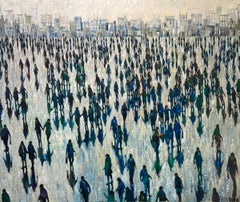 Shadows in Blue - Peinture de paysage figurative contemporaine représentant des personnes urbaines