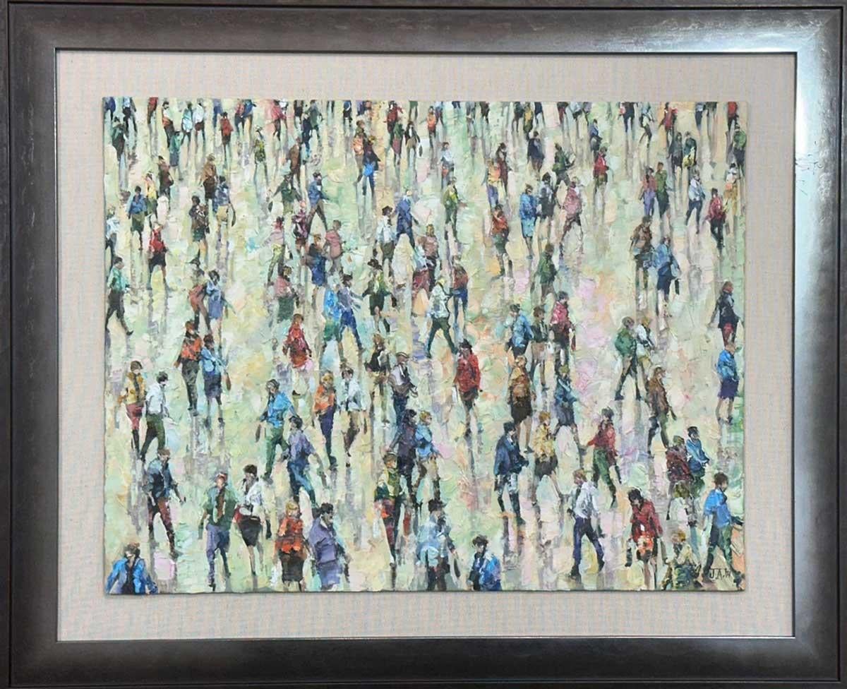 Estate - Folla Città Pittura a olio Strada Paesaggi urbani Persone Figure - Painting Contemporaneo di Julia Whitehead