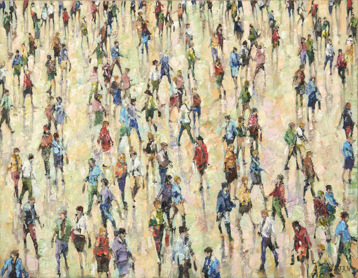 Estate - Folla Città Pittura a olio Strada Paesaggi urbani Persone Figure - Painting di Julia Whitehead