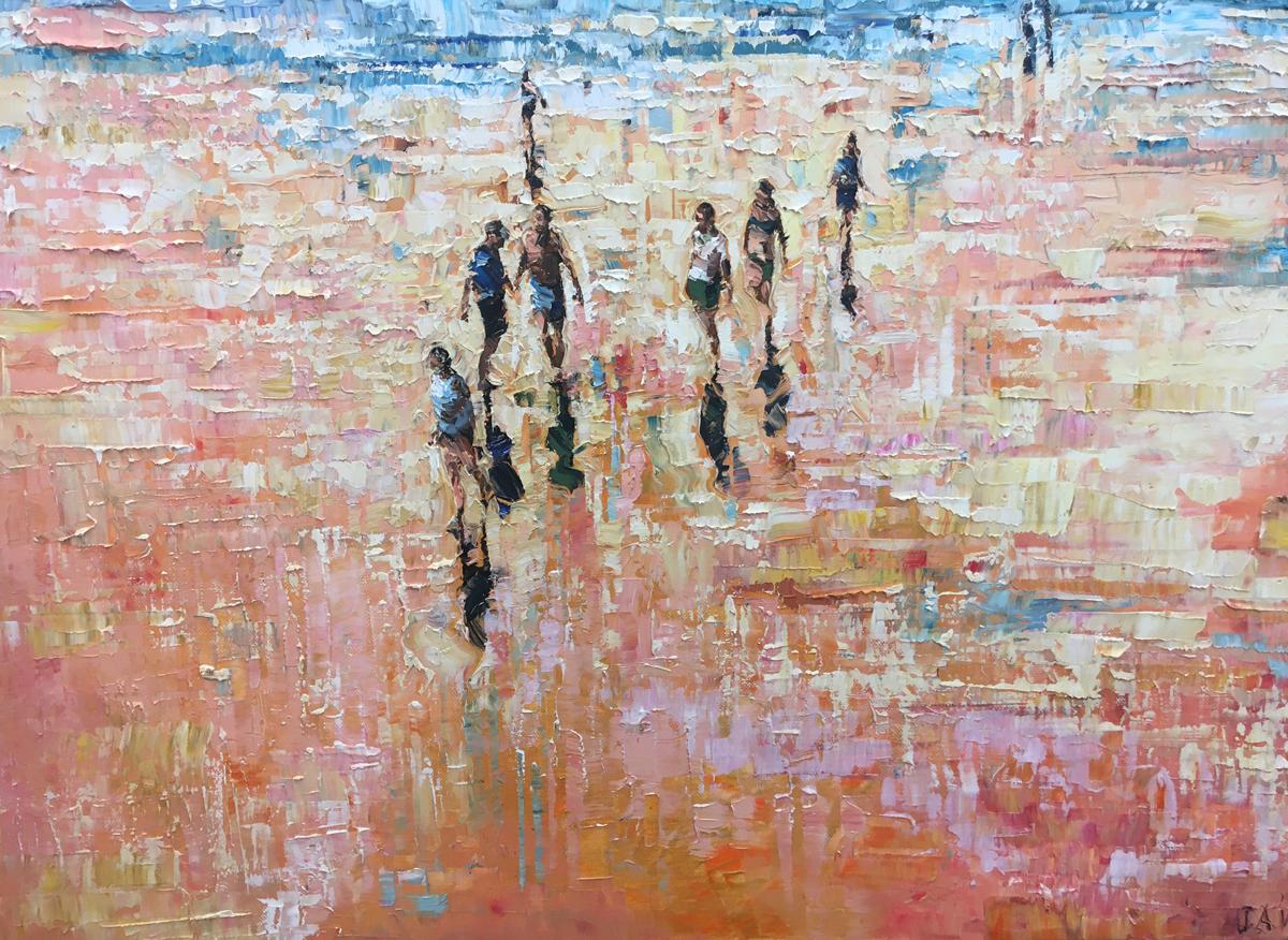 Julia Whitehead Landscape Painting - Sunset Beach - contemporary landscape sun summer sand beach people oil painting