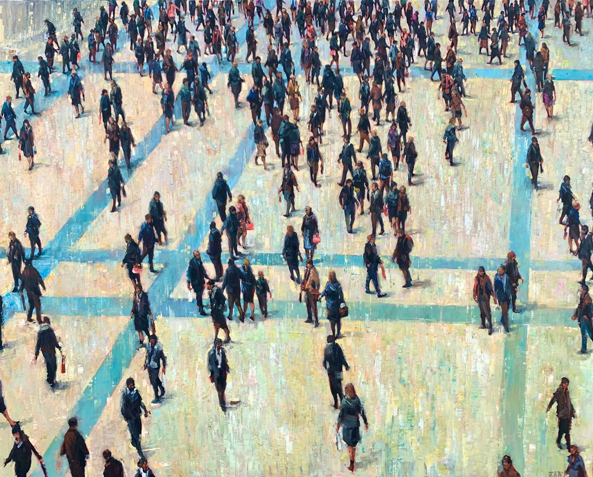 Julia Whitehead Figurative Painting - Town Planning - Crowds City oil Painting Street Views Cityscapes People Figures 