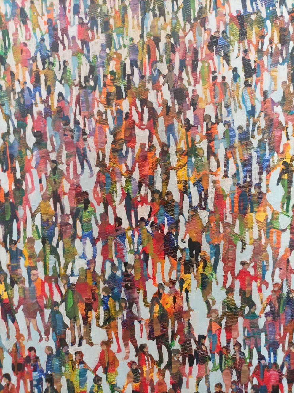 United Colours - Crowds City Oil Painting Street Cityscapes People Figures - Gray Figurative Painting by Julia Whitehead