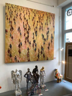Yellow Sunburst - contemporary bright orange figurative crowd oil painting